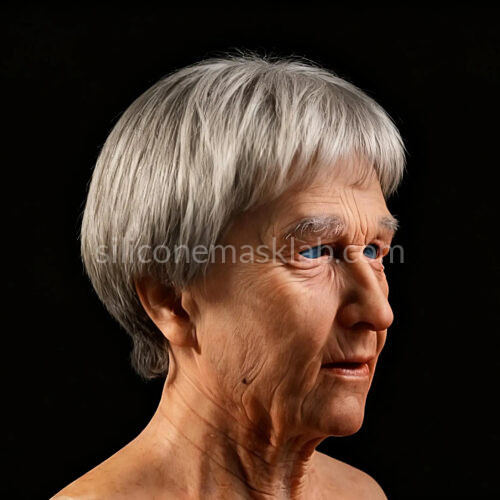 Elderly female silicone mask THE GRANDMA in straight grey wig, 3/4 view showing realistic wrinkles and eyebrows