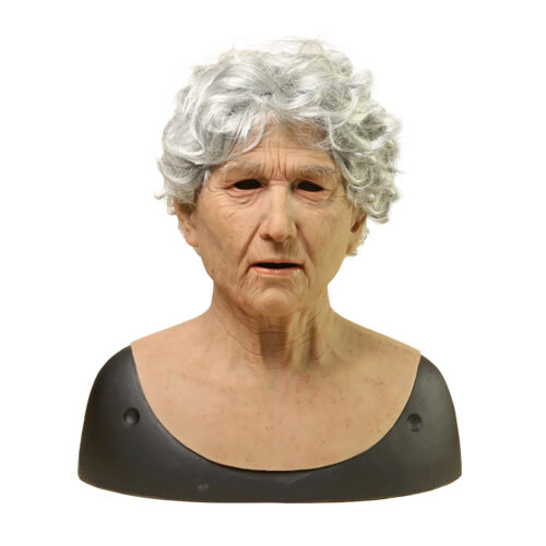 Realistic old woman silicone mask THE GRANDMA on display bust, front view with grey curly perm wig and hand-punched eyebrows