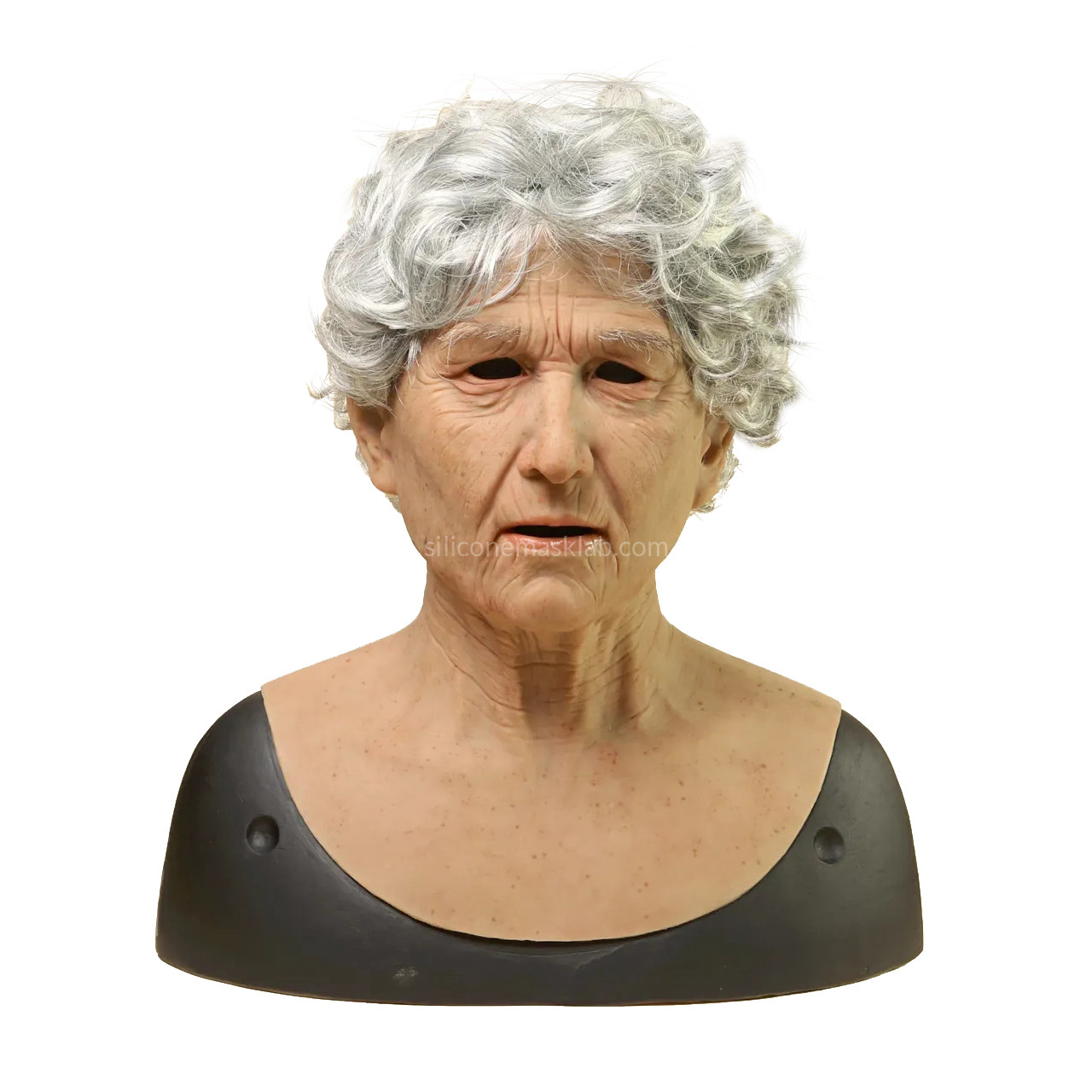 Realistic old woman silicone mask THE GRANDMA on display bust, front view with grey curly perm wig and hand-punched eyebrows