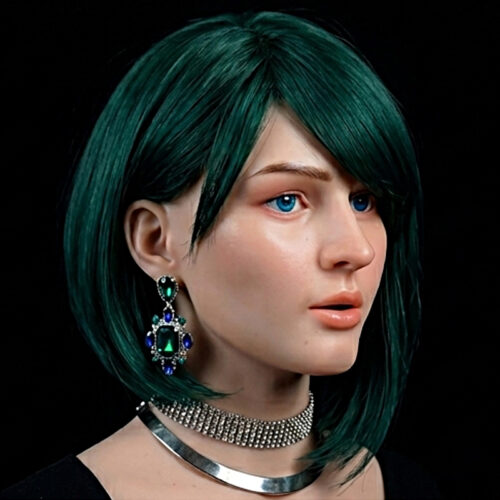 Female silicone mask with teal-green fantasy hair — side profile cosplay character S.M.LAB