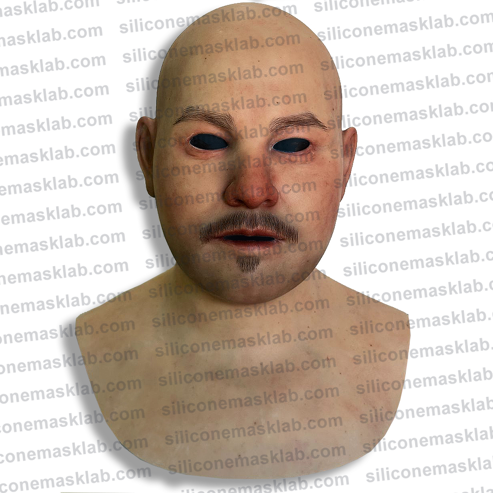 Realistic Silicone Mask with Mustache on display.