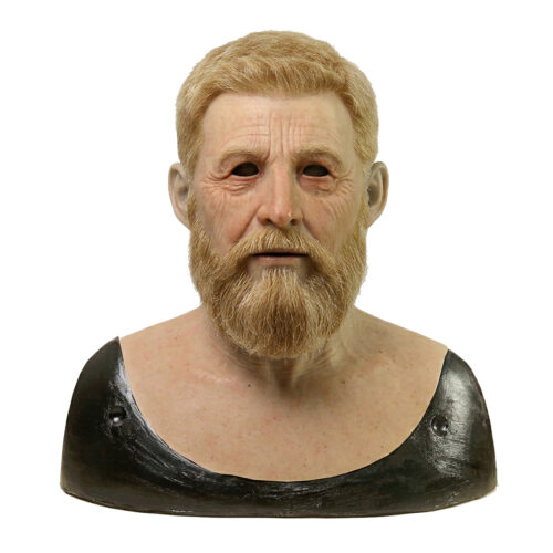 Realistic senior man mask with beard and blond hair