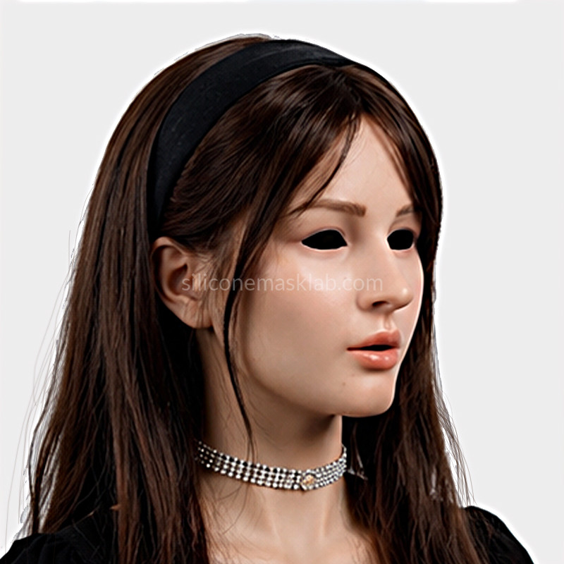Realistic female silicone mask THE MUSE with long brunette hair — side angle showing natural hairline by S.M.LAB
