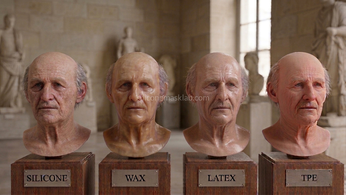 Same hyperrealistic bust cast in four materials: silicone, wax, latex and TPE — visual comparison