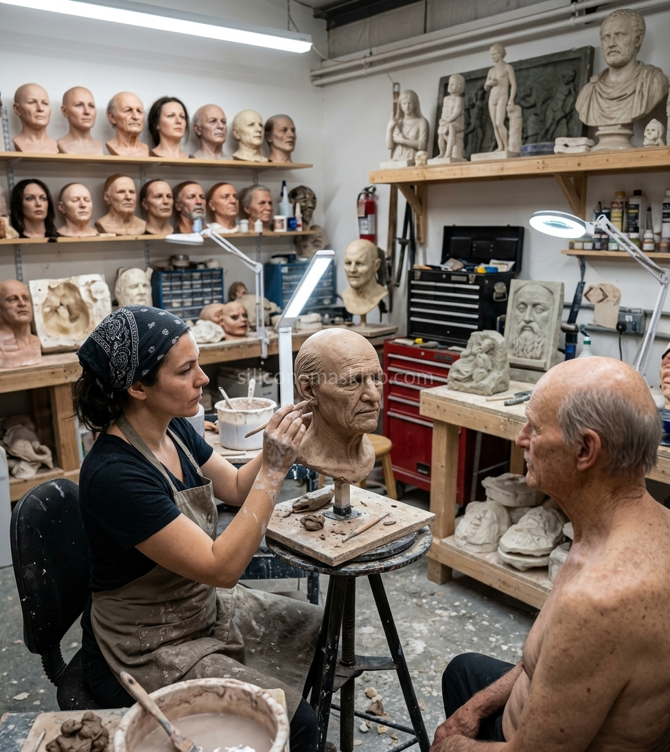 Hand-sculpting in clay from a live reference — the master used for all four material casts